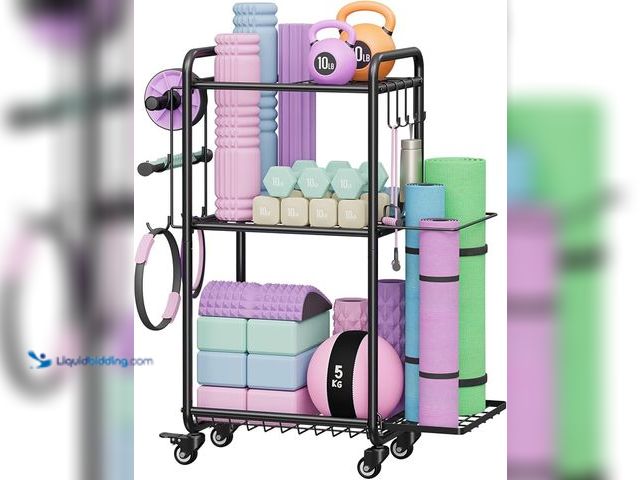 Lot 49-1518561 - Weight Rack for Home Gym, All in One Yoga Mat Storage Rack, Workout Equipment Storage with Wheels an...