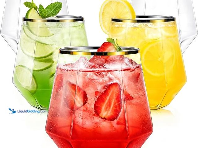 Lot 49-3482731 - Maaacute 40 Pcak Plastic Stemless Wine cocktail Whiskey Champagne Glasses, 12 Oz Gold Rim Disposable...