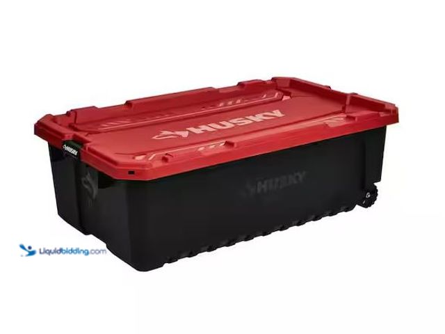Lot 49-5573200 - Husky
57 Gal. Pro Grip Storage Tote with Wheels in Black with Red Lid, Unused