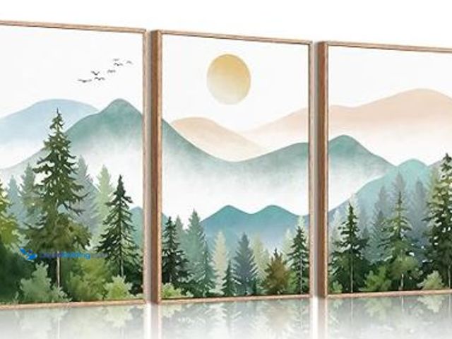 Lot 49-3464392 - Anyzal Framed Green Mountain Wall Art Forest Painting Framed for Living Room Bedroom Bathroom 16x24 ...