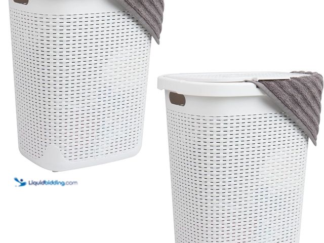 Lot 49-5552468 - Mind Reader 50L Slim Laundry Hamper, Clothes Basket, Lid, Wicker Design, Plastic, 17.65"L x 13.75"W ...