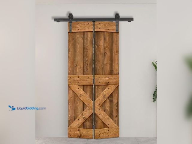 Lot 49-1531094 - 22 in. x 84 in. Mini X Series Walnut Stained DIY Wood Bi-Fold Barn Door with Sliding Hardware Kit, M...