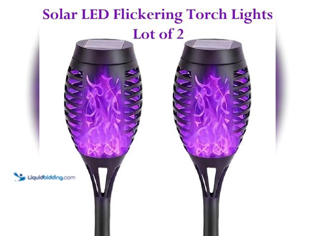 Lot 49-1616222 - Lot of 2 Solar Waterproof LED Flickering Flame Torch Lights - Purple Light - NEW - Perfect for pathw...