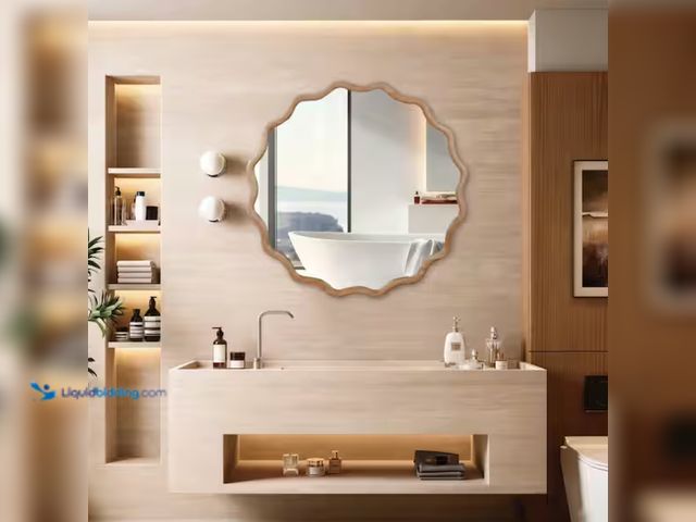 Lot 49-2000066 - Seafuloy Natural Wood 36 in. W x 36 in. H Wavy Round Solid Wood Framed Mirror for Bathroom Vanity Li...