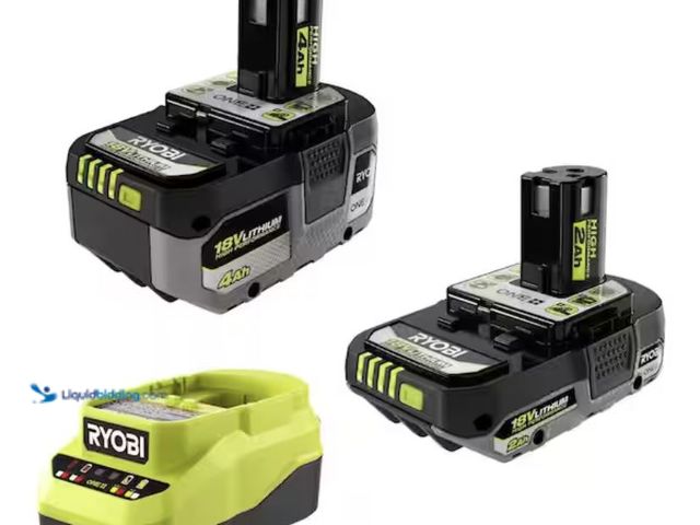 Lot 49-2005592 - RYOBI ONE+ 18V Lithium-Ion Starter Kit with (1) 2.0 Ah Battery, (1) 4.0 Ah Battery, and Charger, Mod...