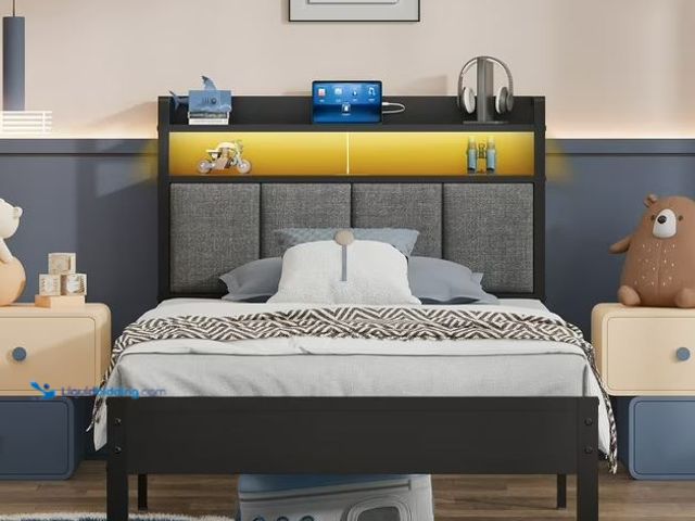 Lot 49-3528002 - Z-hom Storage Metal Platform Bed Frames with LED Light, Twin. Item is unused.