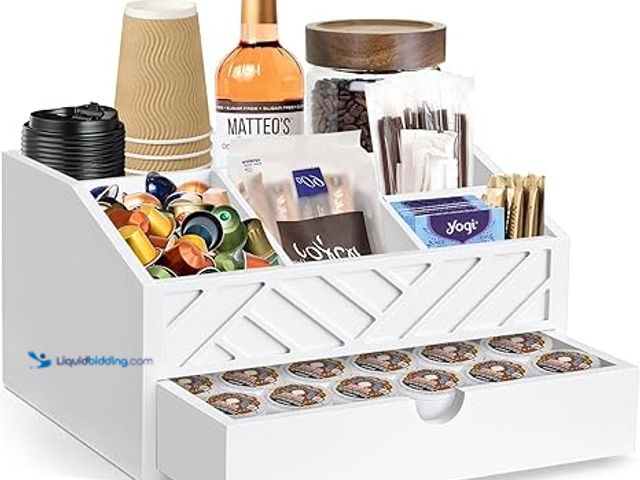Lot 49-5448513 - Coffee Bar Organizer with Drawer, Coffee Station Organizer for Countertop, Wood Coffee Bar Accessori...