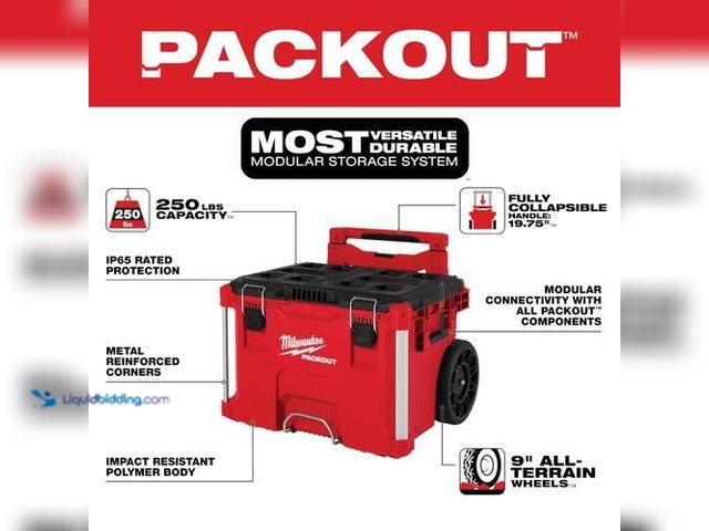 Lot 49-5475677 - Milwaukee PACKOUT 22 in. Rolling Modular Tool Box Low Profile Handle. Model # 48-22-8427. Unused