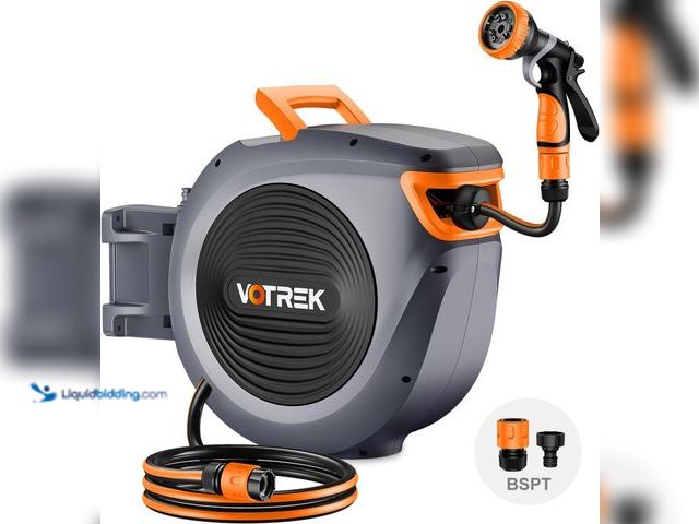 Lot 49-5437404 - Retractable Garden Hose Reel Outside [1/2 inch ×100 FT], VOTREK Automatic Rewind Wall Mounted Hose R...