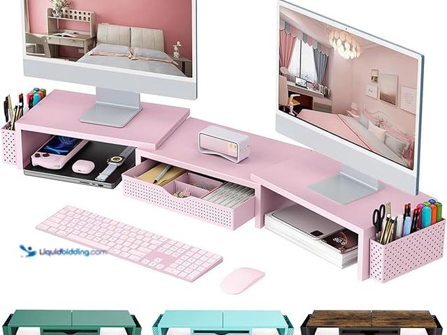 Lot 49-3430502 - gianotter Dual Monitor Stand Riser, Desk Organizer With Drawer and 2 Pen Holders, Desk Organizers an...