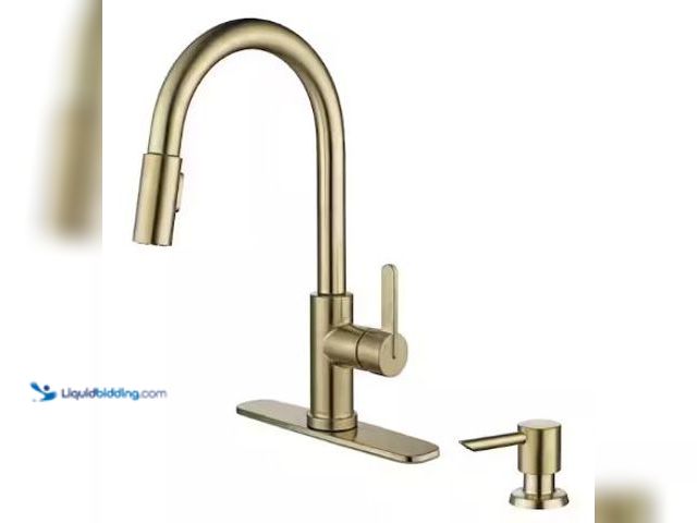 Lot 49-1625379 - Glacier Bay Paulina Brushed Gold 16.53 in. High 1 Handle P/Down Sprayer Kitchen Faucet with 360° Swi...