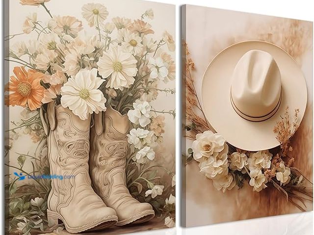 Lot 49-3600422 - Floral Cowgirl Boots Canvas Wall Art Set of 2, Cowboy Hat with Flower Wall Decor Paintings, Trendy P...