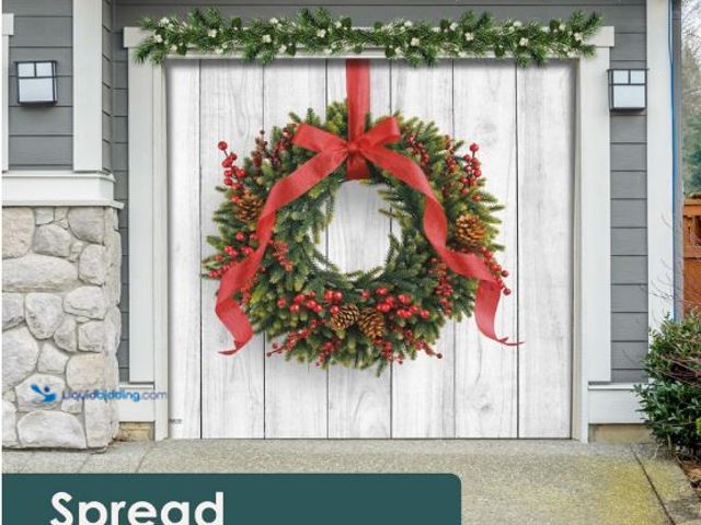 Lot 49-3473633 - 7' x 8' Charming Christmas Wreath Garage Door Banner - Designed to Move with Door | Heartwarming Hol...