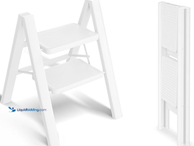 Lot 49-1624290 - SOLADDER Step Stool, 2 Step Ladder with Anti-Slip and Wide Pedal, Portable Iron Foldable Stepladder ...