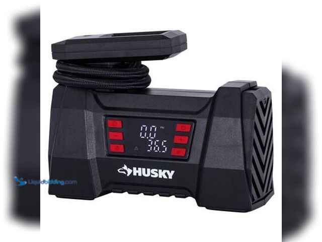 Lot 49-3565285 - Husky 12-Volt DC Portable Fast Flow Air Compressor Air Pump Inflator with Digital Pressure Gauge, LE...