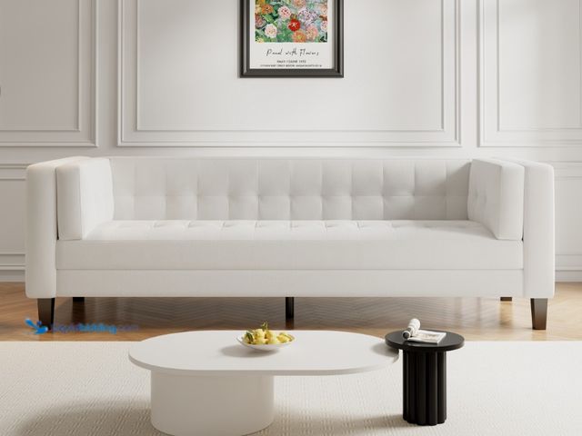 Lot 49-5487537 - 3-Seater Sofa, Upholstered Tufted Coach, Velvet Sofa, Ivory White N765P165541 New