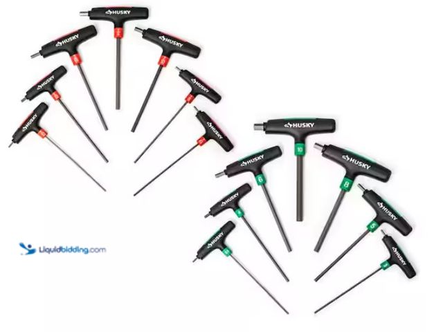 Lot 49-3433333 - (14-Piece) Husky T-Handle SAE & MM Hex Key Set, Contains 14 color-coded SAE and metric T-handle hex ...