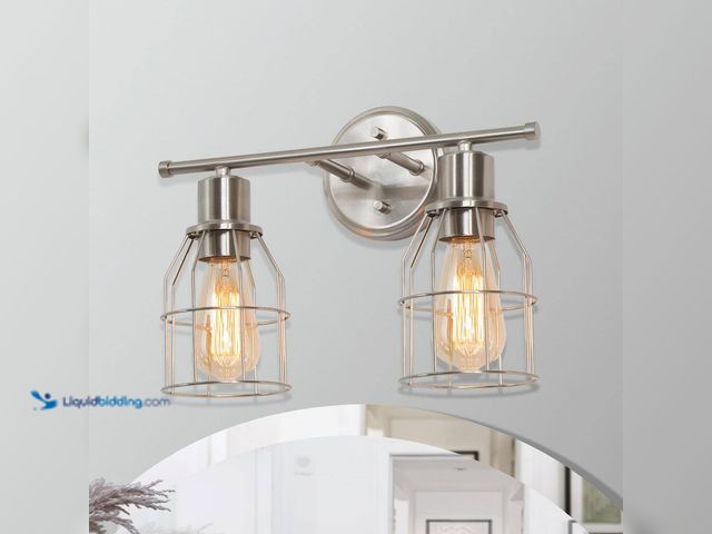Lot 49-1518266 - 14.5 in. Modern Industrial Vanity Light 2-Light Nickel Cage Linear Powder Room Bathroom Wall Sconce ...