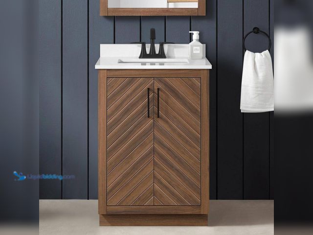 Lot 49-5444134 - Glacier Bay Huckleberry 24 in. Single Sink Spiced Walnut Bath Vanity with White Engineered Stone Top...