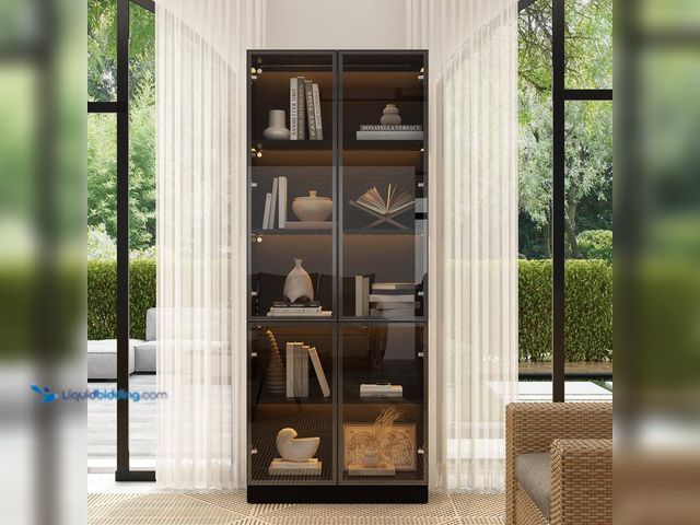 Lot 49-5416100 - FUFU&GAGA Black Wood 31.5 in. W Display Cabinet With Pop-up Tempered Glass Doors and 3-Color LED Lig...