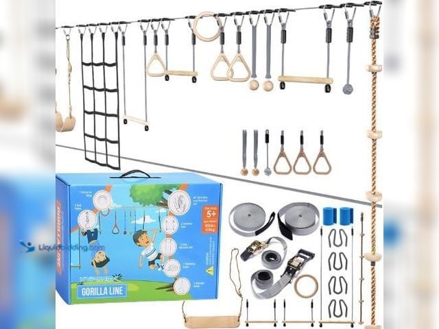 Lot 49-5447842 - Hyponix Ninja Obstacle Course for Kids – 2 x 60 ft Slacklines with 13 Weatherproof Obstacles – Monke...