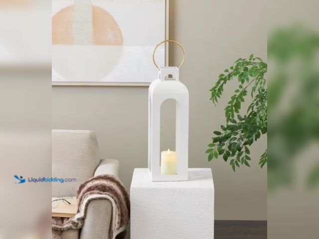 Lot 49-1516632 - Litton Lane White Metal Tall Arched Cutout Candle Lantern with Gold Handle, Model # 045876, unused. ...