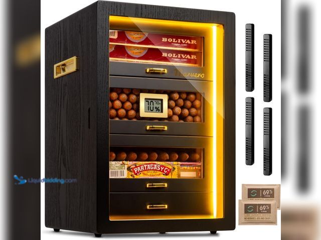 Lot 49-5437654 - Cigar Humidor, Desktop Humidor Cabinet Triple-Sided Light with Digital Hygrometer, Humidifier and Hu...
