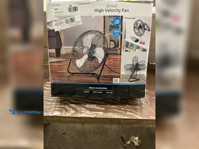 Lot 49-5559232 - Mainstays 20" 3-Speed High Velocity Tiltable Black Steel Floor Fan. Unused