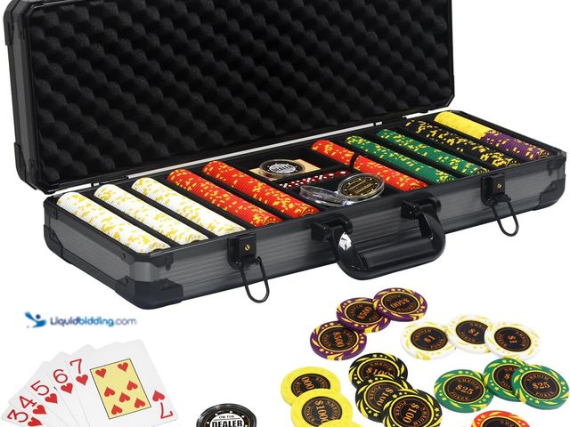 Lot 49-5437368 - Nmroim 13.5 Gram Clay Poker Chip Set Texas Hold'em Casino Chips 2 Decks of Cards, Aluminum Case Deal...