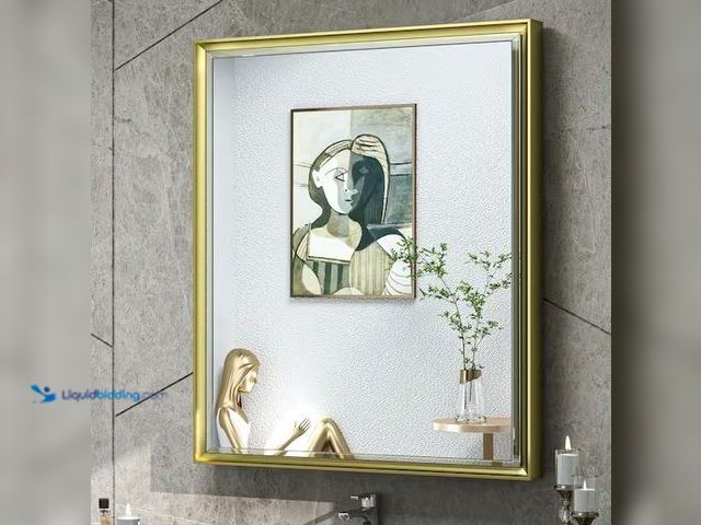 Lot 49-1572019 - KeonJinn 26 in. W x 30 in. H Rectangular Gold Metal Framed Beveled Surface Mount/Recessed Medicine C...