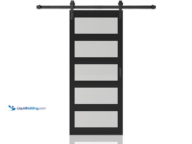 Lot 49-5448289 - 42 in. x 84 in. 5 Lite Tempered Frosted Glass Black Finished Composite Interior Sliding Barn Door wi...