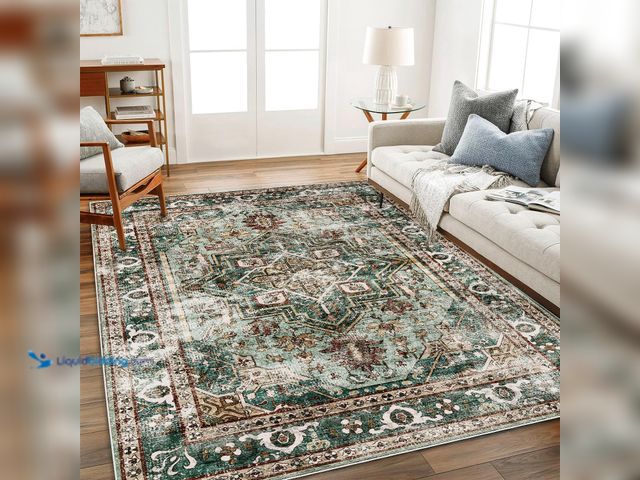 Lot 49-5459636 - 6'x9' Green Washable Area Rug Boho Chic Medallion Distressed Design Non-Shedding Easy Care Ideal for...