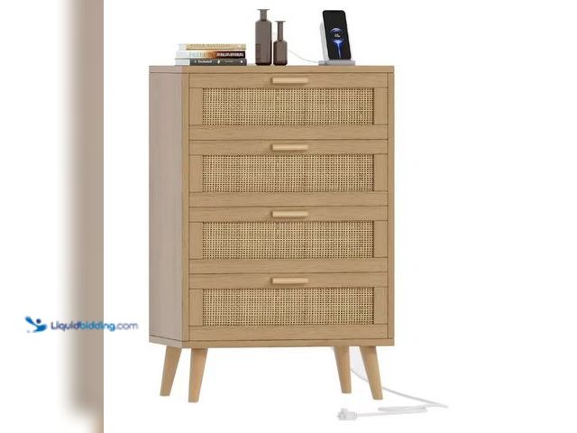 Lot 49-1556366 - Rovaurx 4 Drawer Dresser For Bedroom, Rattan Chest Of Dressers With Charging Station, Modern Dresser...