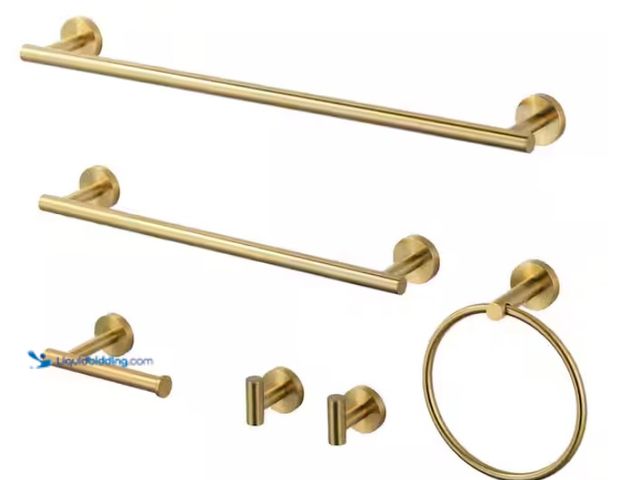 Lot 49-1515896 - WOWOW 6-Piece Wall Mount Stainless Steel Bathroom Towel Rack Set in Brushed Gold, Model # W410016G-H...
