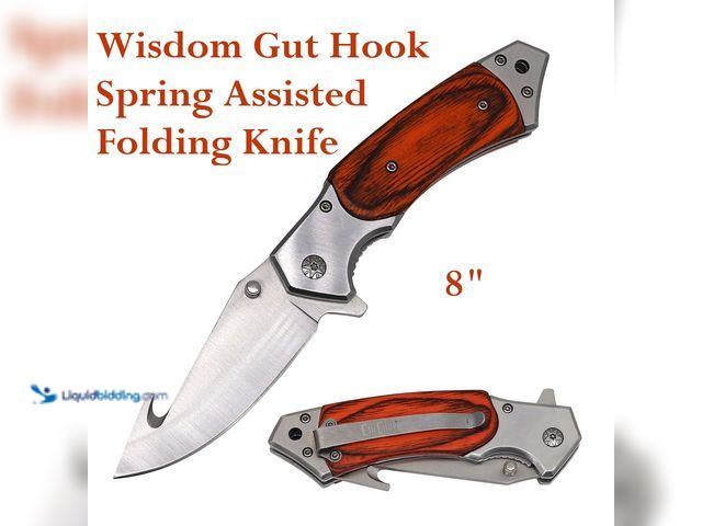 Lot 49-5492900 - ElitEdge Wisdom Spring Assisted Folding Knife 8" with Gut Hook and Wood Handle - NEW - The Wisdom Gu...