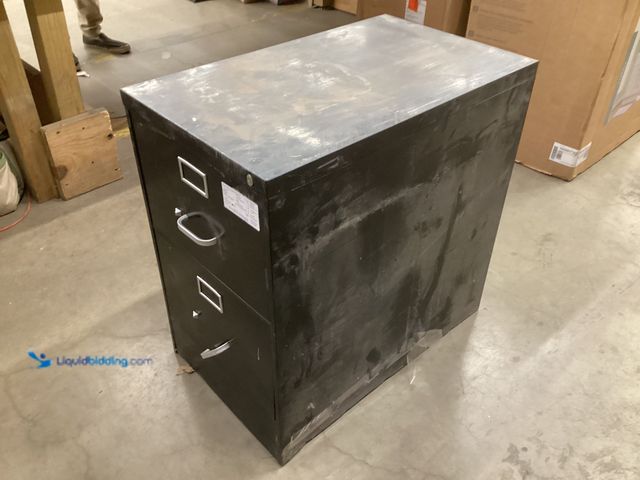 Lot 49-5573156 - Black 2 Tier Filing Cabinet, Used with scuffs, dirty, no key, bent lock