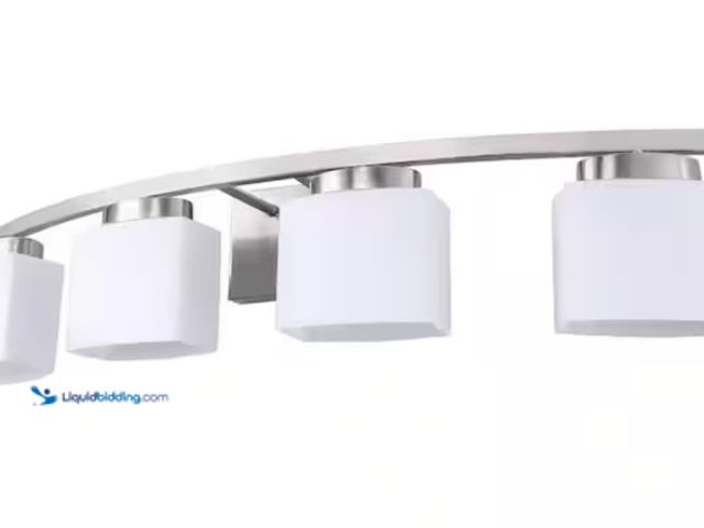 Lot 49-1550489 - Briignite 34 In. 4-Light Nickel Modern Square Vanity Light with Curved Arms and Milk White Glass Sha...