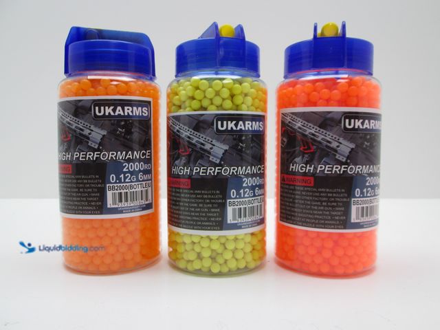 Lot 49-1820487 - Lot of 6000 (3 Bottles of 2000) UK Arms 0.12g Count Seamless Airsoft BBS In Speed Bottle - NEW -  In...