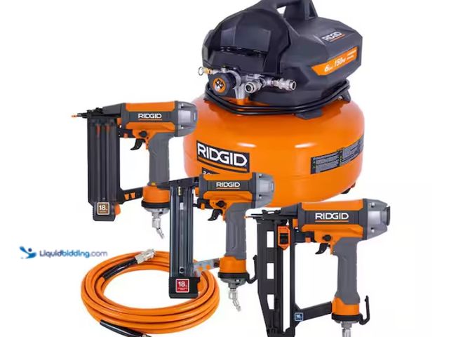 Lot 49-1547607 - RIDGID 6 Gal. 150 PSI Electric Air Compressor with 25 ft. Hose, 18GA Brad Nailer, 16GA Finish Nailer...