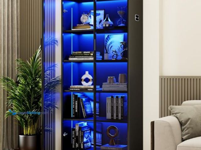 Lot 49-1558927 - Display Cabinet with Doors and Adjustable Shelves, 65" Tall Bookcase with LED Lights/Human Sensor, 5...