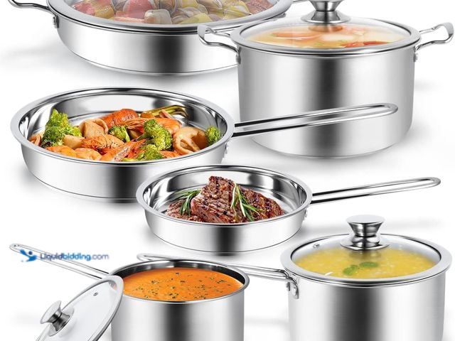 Lot 49-5437573 - 10-Piece Pots and Pans Set, Stainless Steel Cookware Set- Includes Ergonomic Handle. [Model: B0BRFVB...