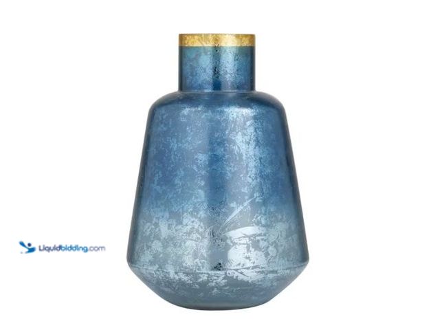 Lot 49-1567960 - 14 in. Blue Handmade Glass Decorative Vase with Gold Rim, Model # 040378, Unused.   Ref#SR0114