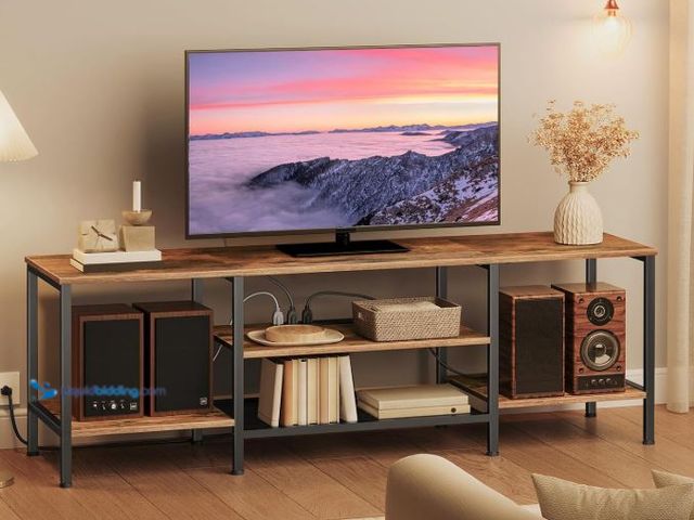 Lot 49-5545602 - HOOBRO TV Stand with Power Outlets to 75 Inches, TV Console Table with Open Storage Shelves Cabinet,...