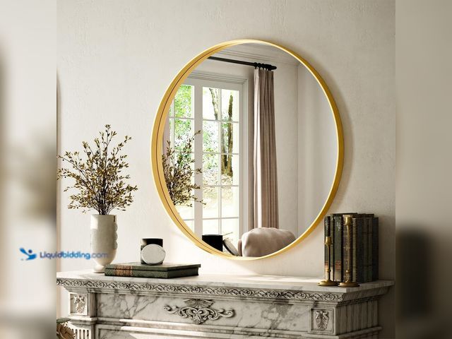 Lot 49-3531289 - VooBang 24 inch Round Bathroom Mirror, Gold Modern Circle Wall Mounted Vanity Mirror with Gorgeous C...