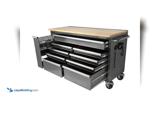 Lot 49-5406281 - Husky 61 in. W x 24 in. D Standard Duty 10-Drawer Mobile Workbench Tool Chest with Sliding Bin Stora...