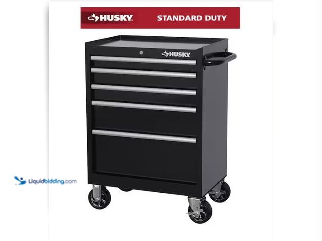 Lot 49-1573907 - Husky Tool Storage 27 in. W x 18 in. D 5-Drawer Gloss Black Rolling Tool Cabinet, Model # H27TR5BLK,...
