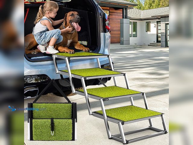 Lot 49-5410601 - Dog Ramp for Car, Extra Wide Dog Car Stair for Large Dogs, Pet Steps Lightweight Aluminum Foldable D...