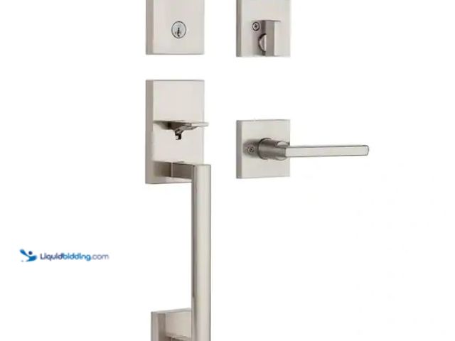 Lot 49-1578100 - Kwikset San Clemente Low Profile Satin Nickel Single Cylinder Entry Door Handle set w/ Halifax Door ...