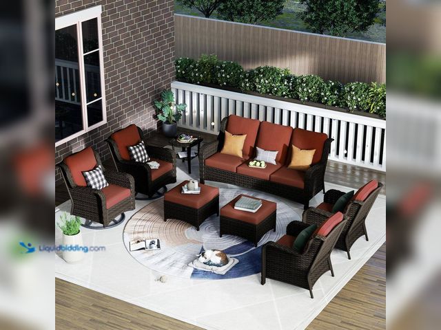Lot 49-5414998 - xizzi Erie Lake Brown 8-Piece Wicker Patio Conversation Seating Sofa Set with Orange Red Cushions an...