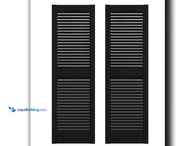 Lot 49-1569068 - Builders Edge 14.5 in. x 52 in. Louvered Vinyl Exterior Shutters Pair in Black, Model # 010140052002...